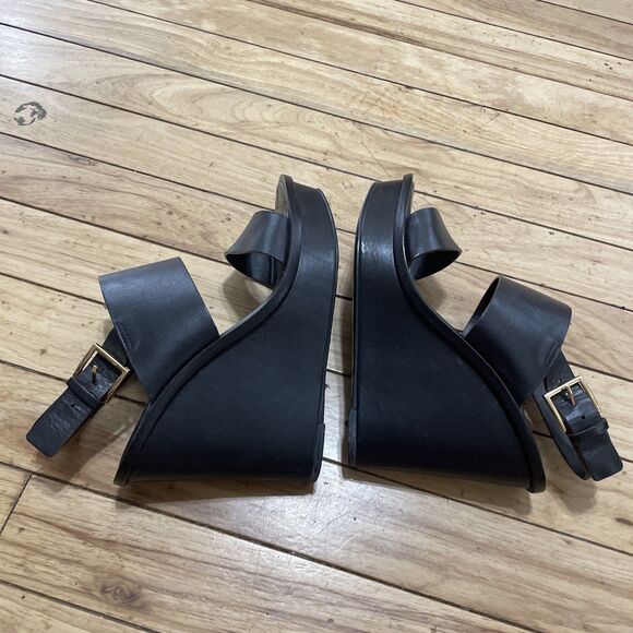 Tory Burch Genuine Leather Platform Wedge Heels Women 6 Black Boho Gold Buckle - Picture 1 of 16